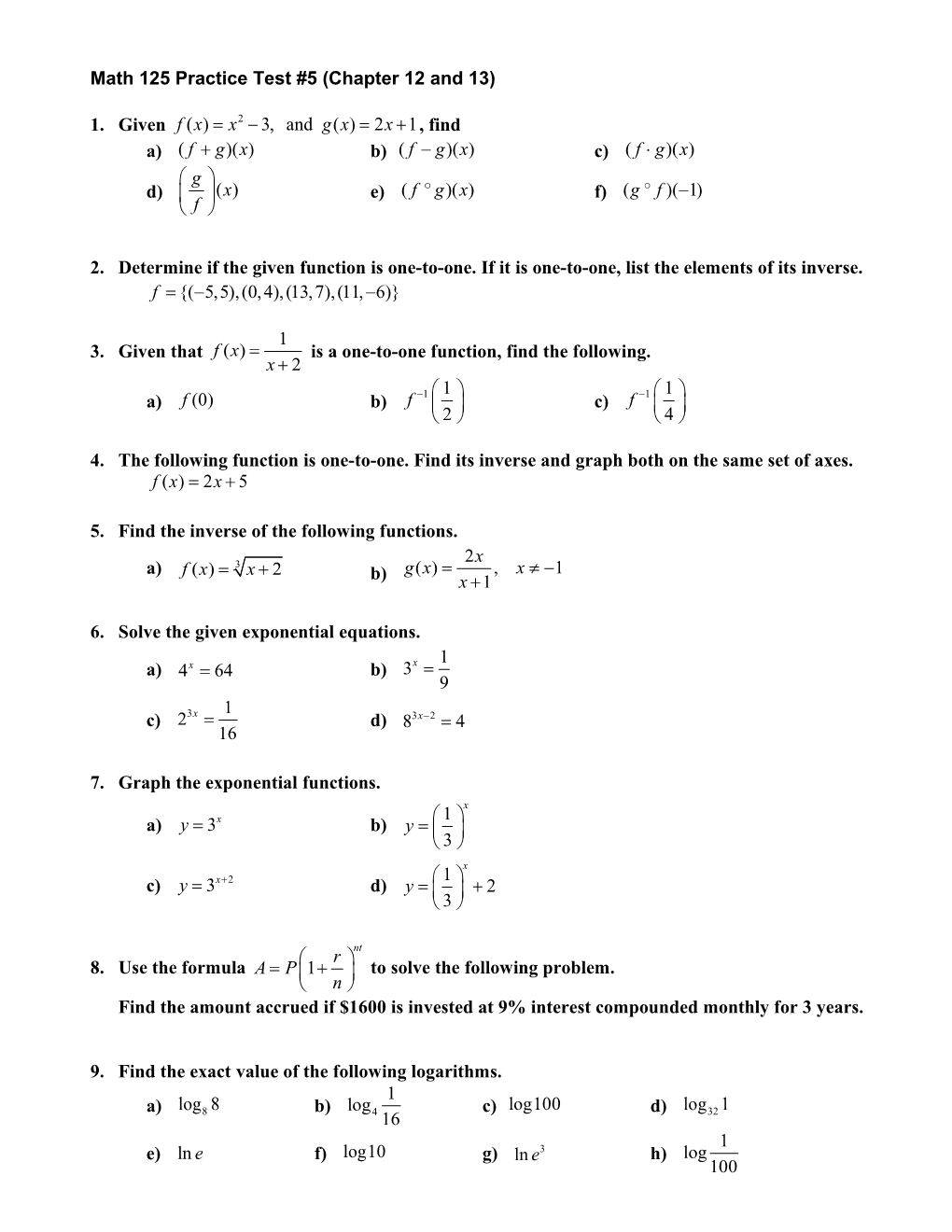 Math 125 Practice Test #5 (Chapter 12 and 13)