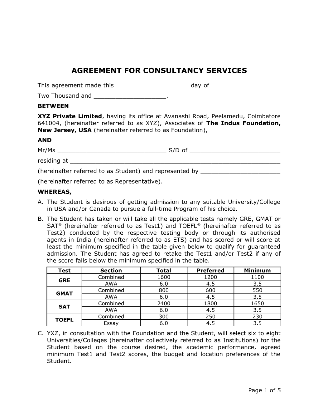 Agreement for Consultancy Services