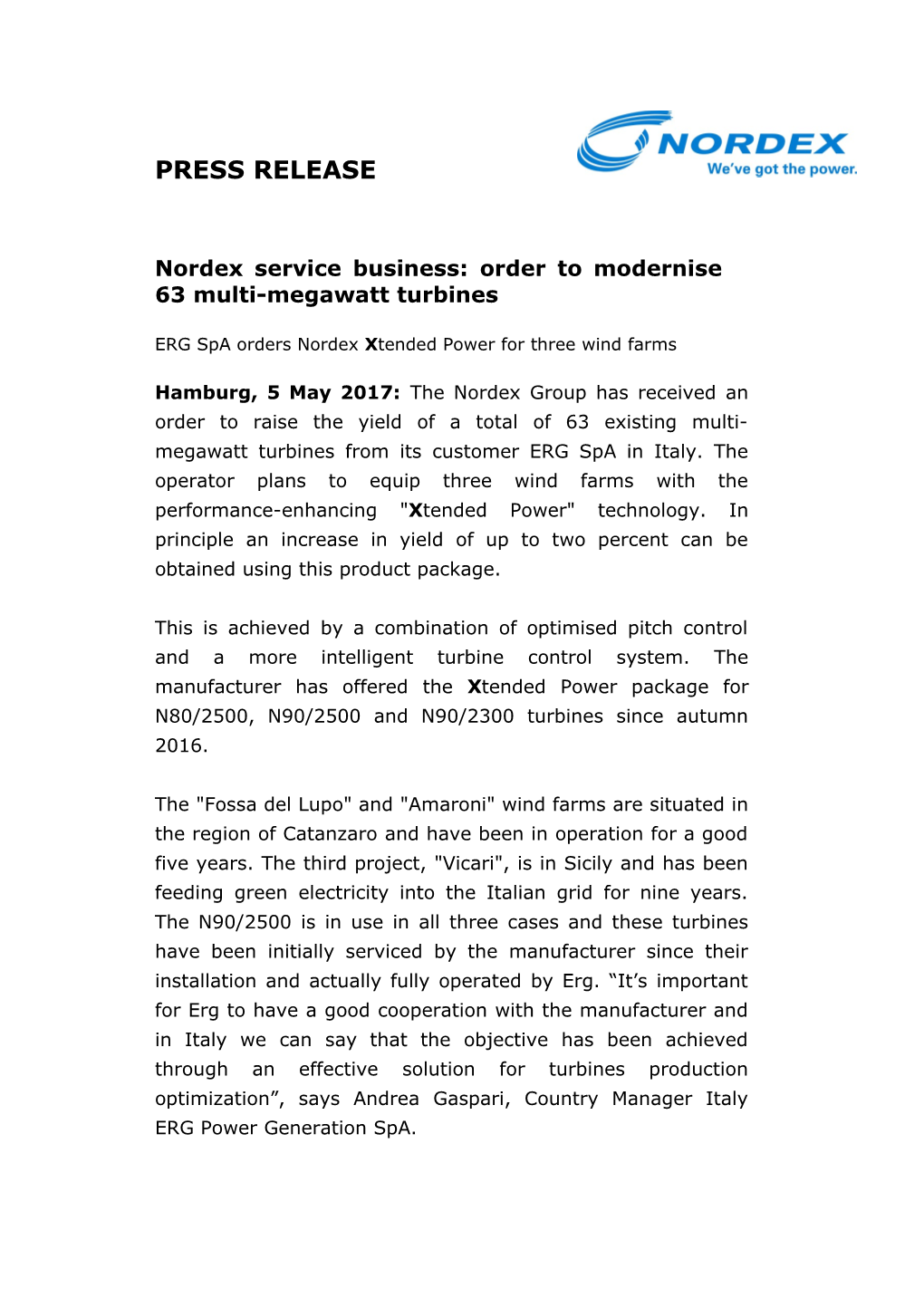 Nordex Service Business: Order to Modernise 63 Multi-Megawatt Turbines