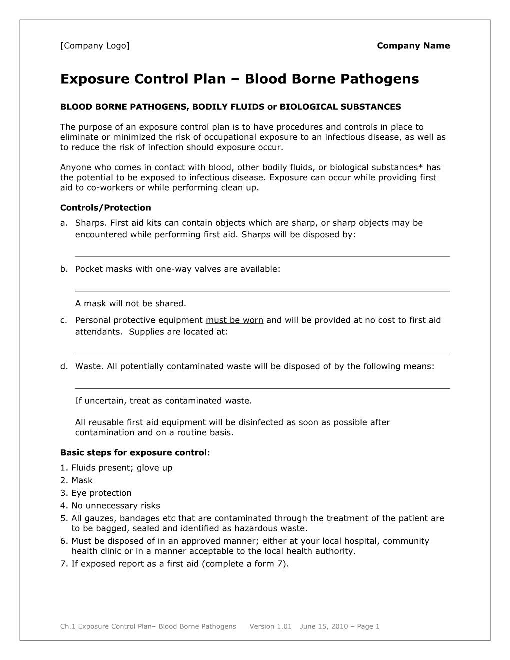 Exposure Control Plan Blood Borne Pathogens