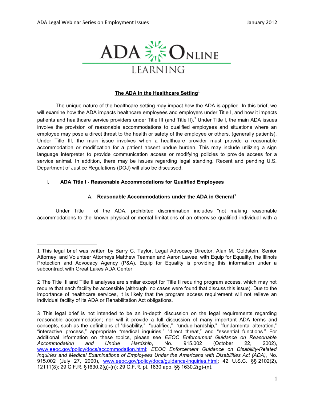 ADA Legal Webinar Series on Employment Issuesjanuary 2012