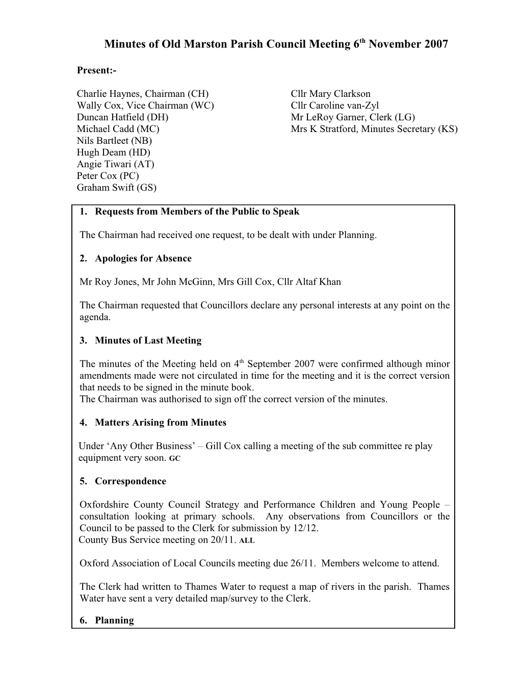 Minutes of Old Marston Parish Council Meeting 2Nd October 2007