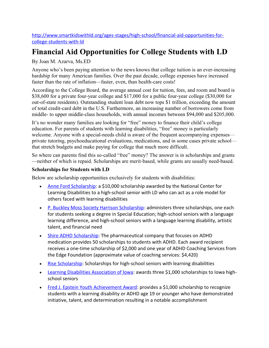 Financial Aid Opportunities for College Students with LD