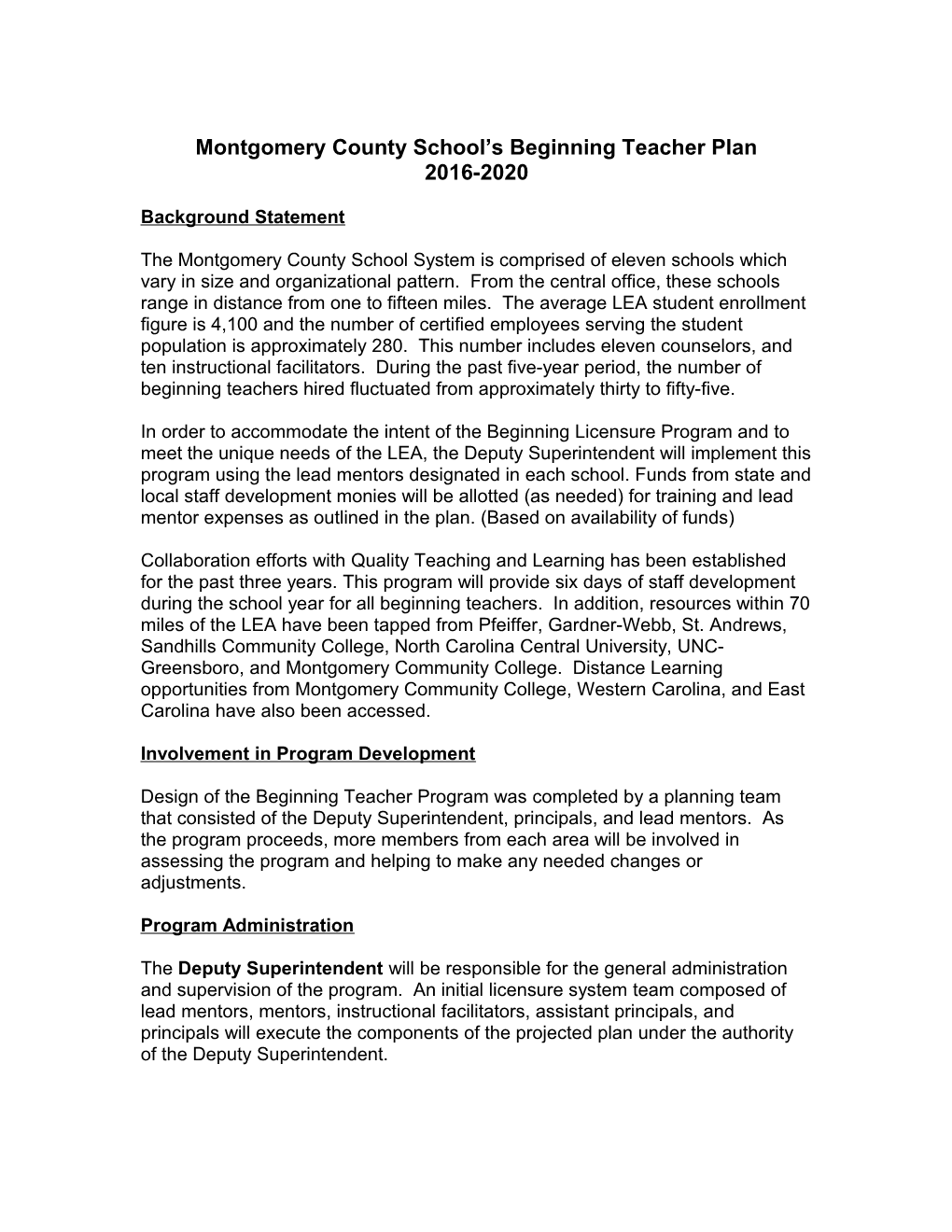 Montgomery County School S Beginning Teacher Plan