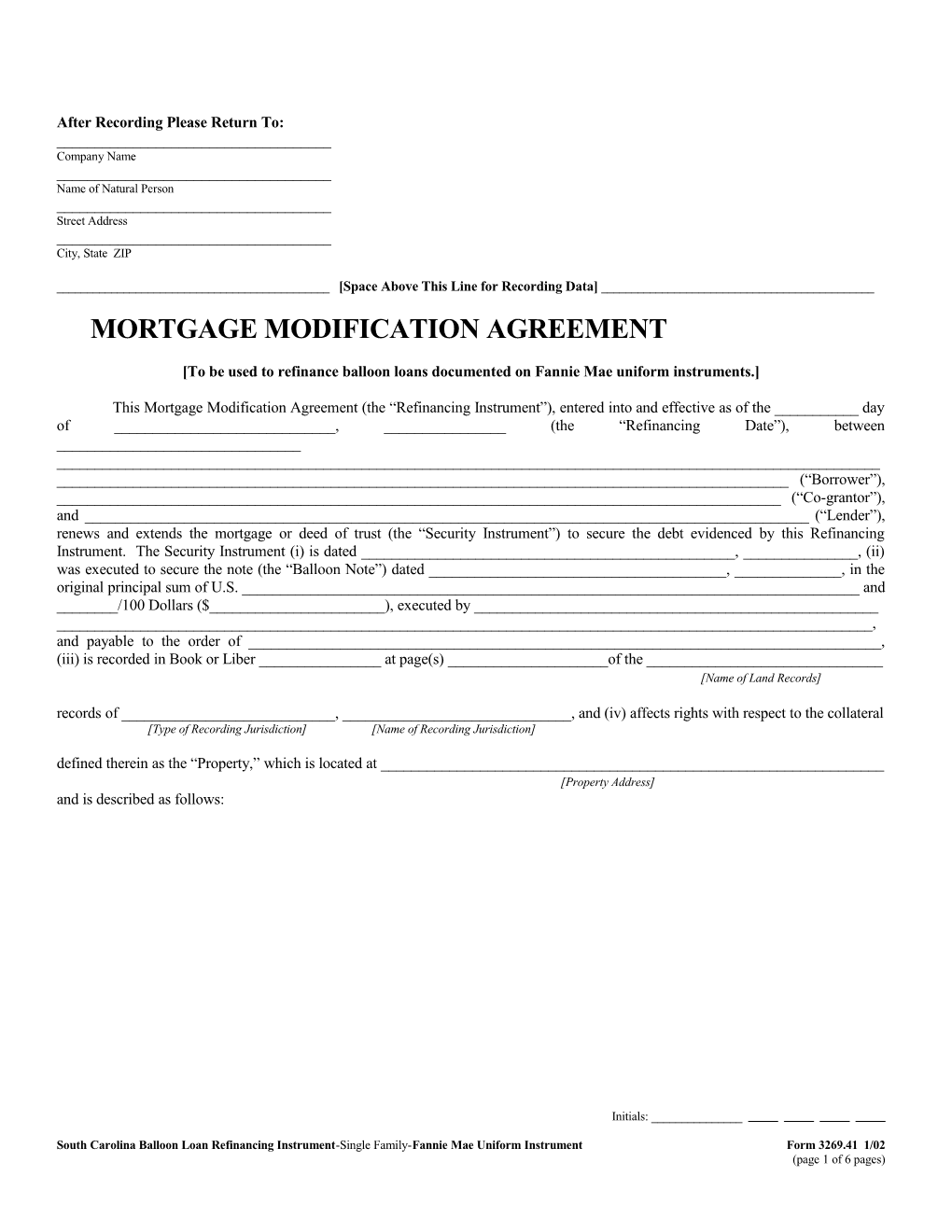 South Carolina Balloon Loan Refinancing Instrument (Form 3269.41): Word