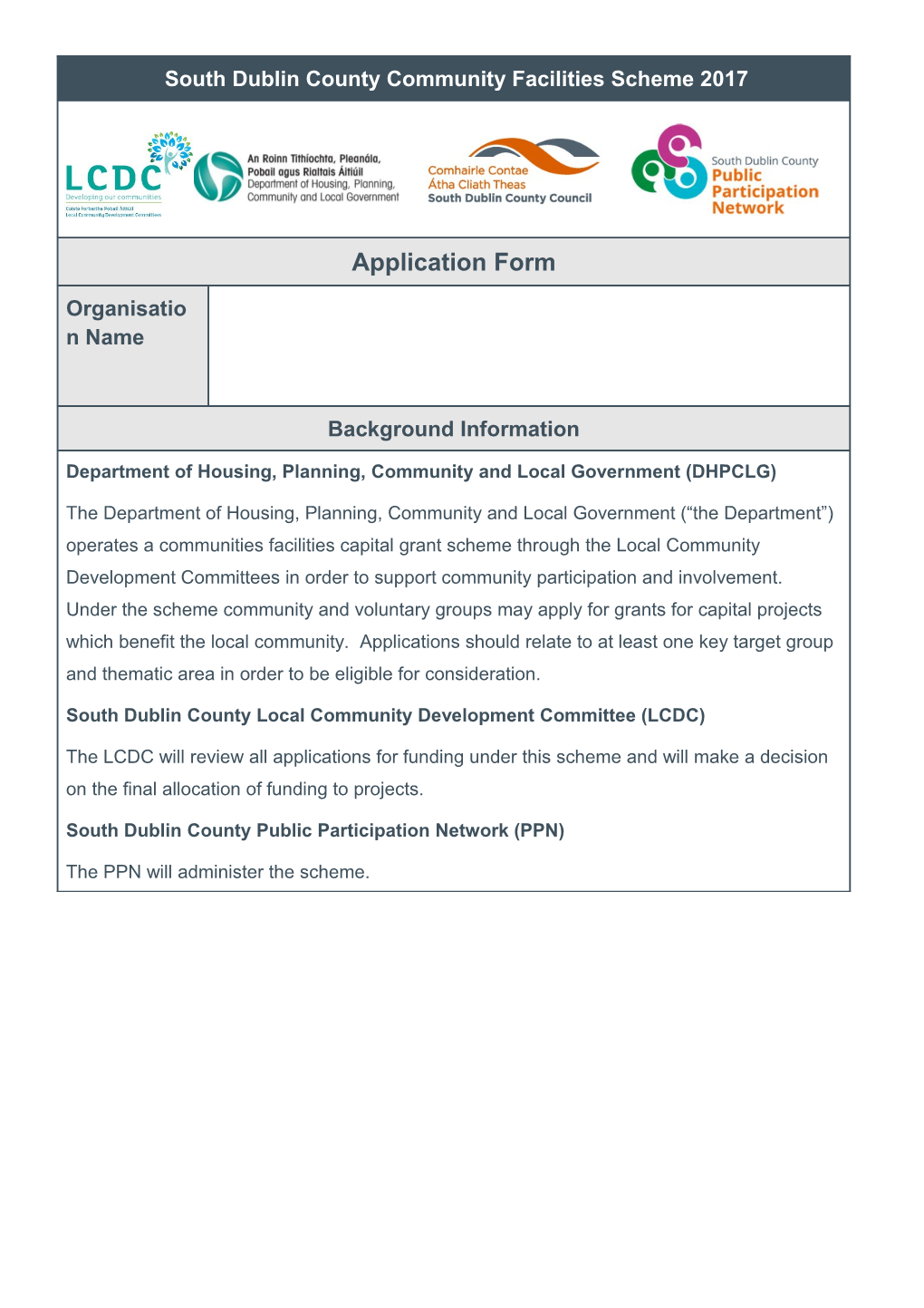 Application Form South Dublin County Community Facilities Scheme