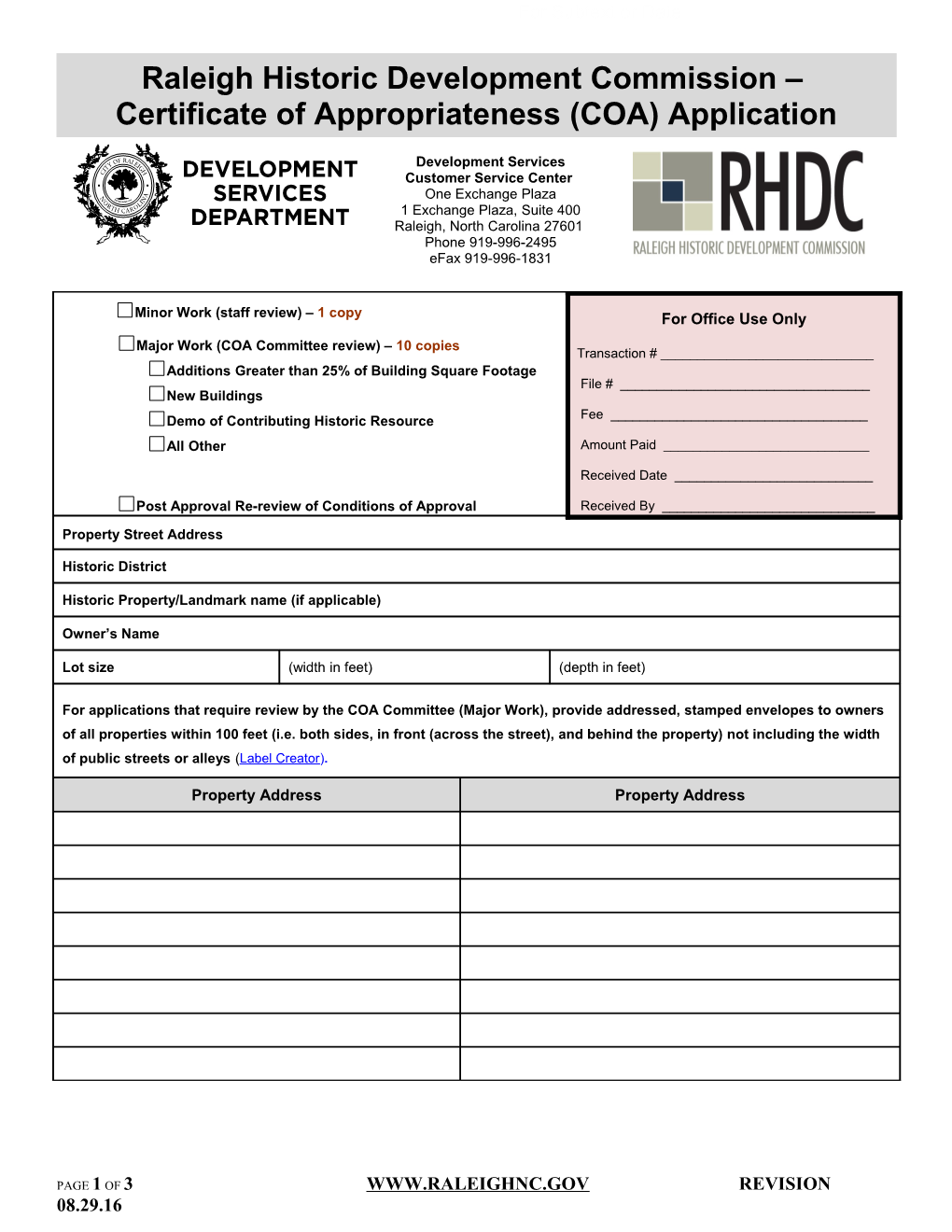 RHDC Certificate of Appropriateness Application
