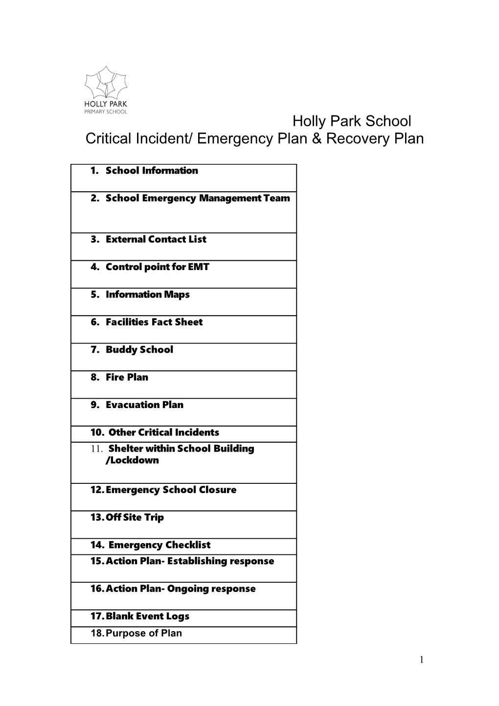 Critical Incident/ Emergencyplan & Recovery Plan