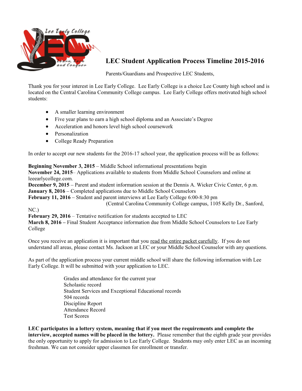 2008-2009 Application for Admission - Lee Early College
