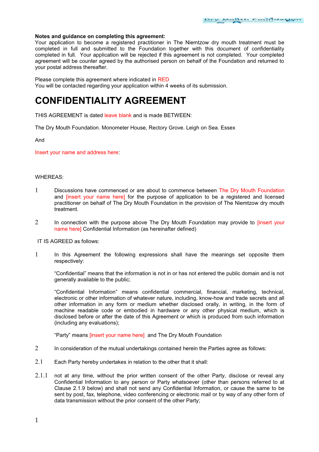 Notes and Guidance on Completing This Agreement