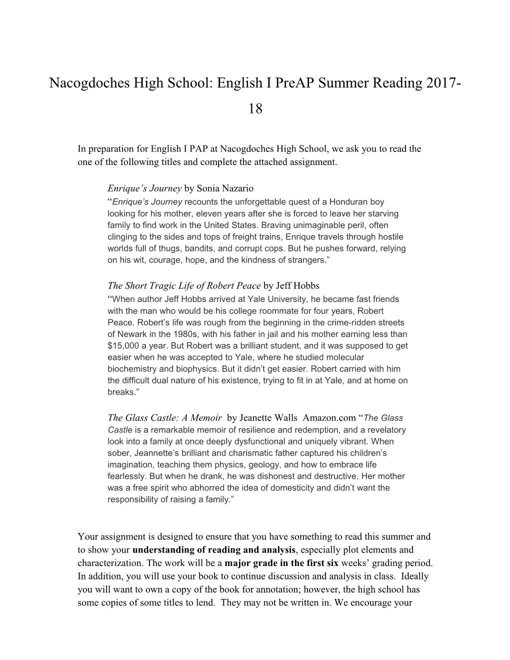 Nacogdoches High School: English I Preap Summer Reading 2017-18