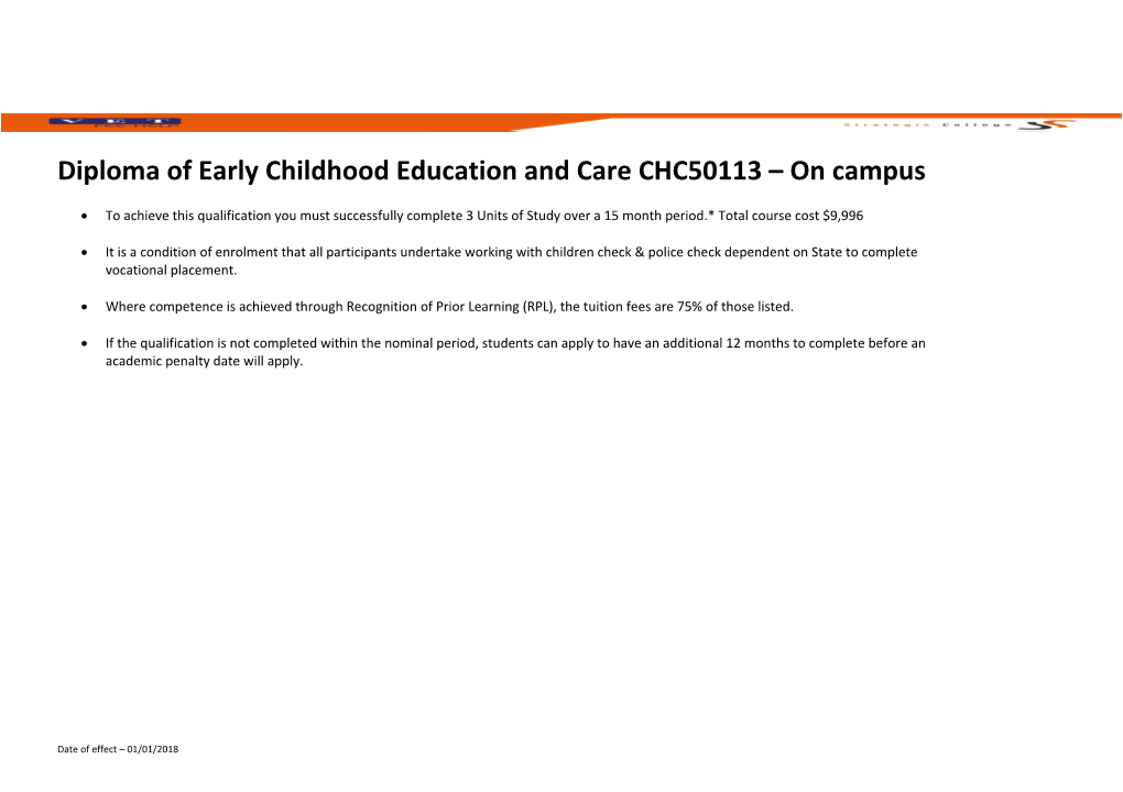 Diploma of Early Childhood Education and Carechc50113 on Campus