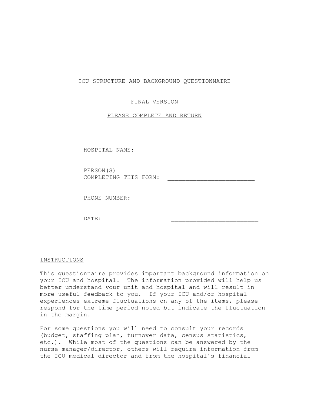 Icu Structure and Background Questionnaire