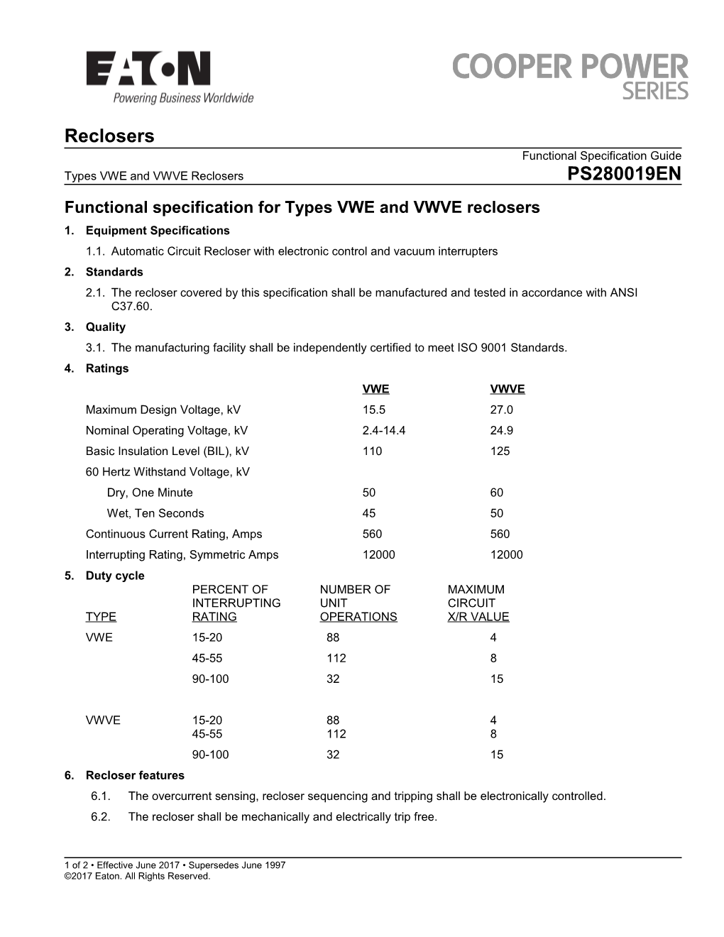 Functional Specification for Types VWE and VWVE Reclosers