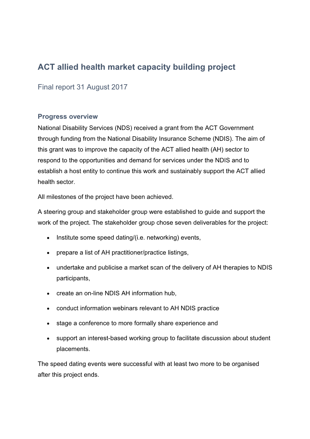 ACT Allied Health Market Capacity Building Project