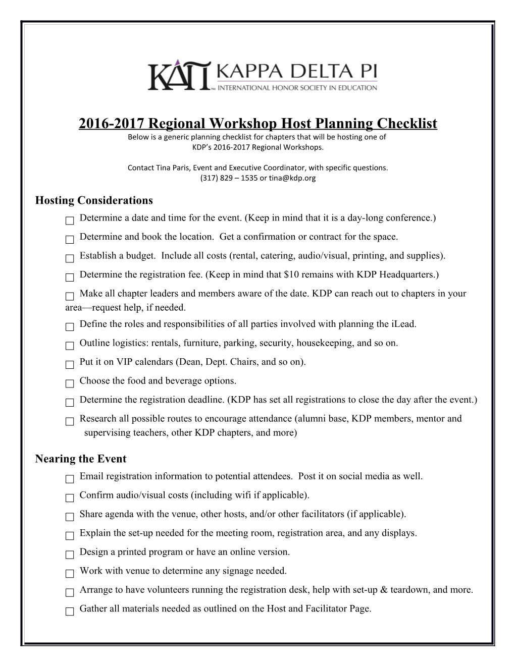 2016-2017Regional Workshop Host Planning Checklist
