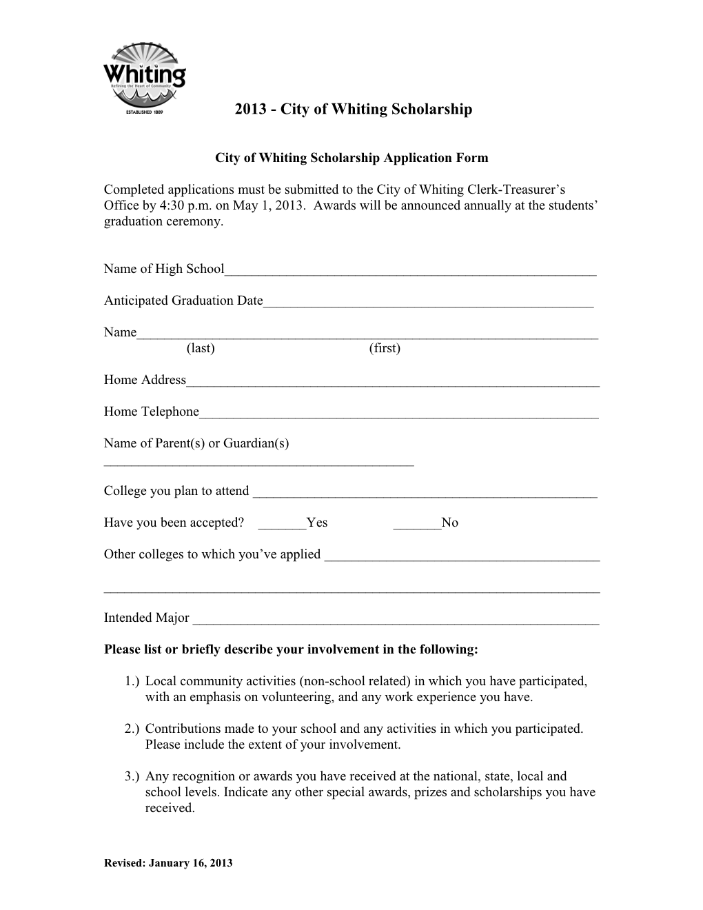 The City of Whiting Scholarship