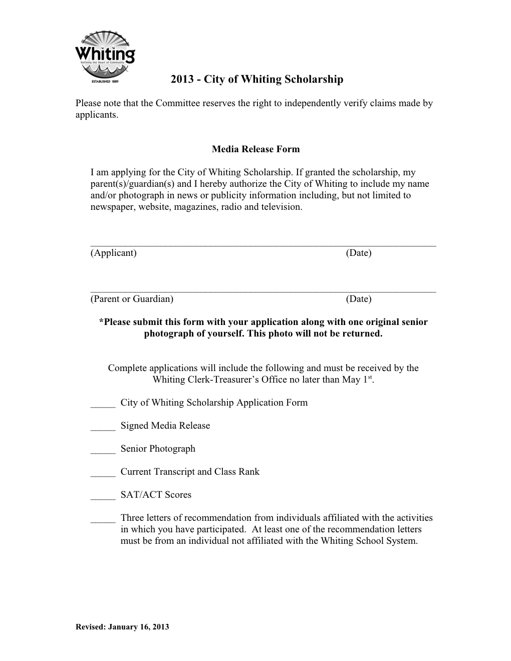 The City of Whiting Scholarship