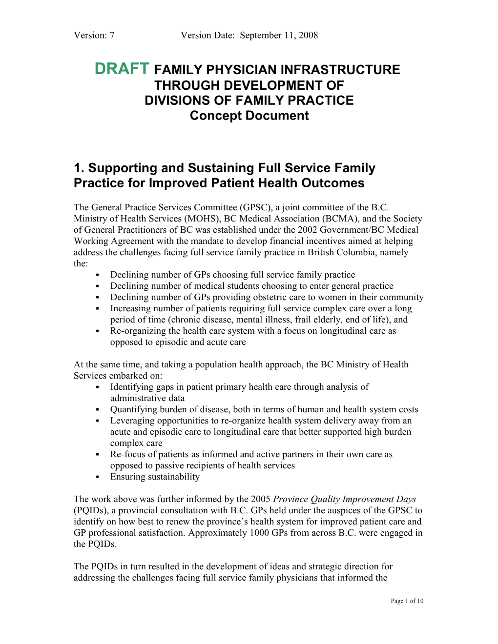 Draft Family Physician Infrastructure