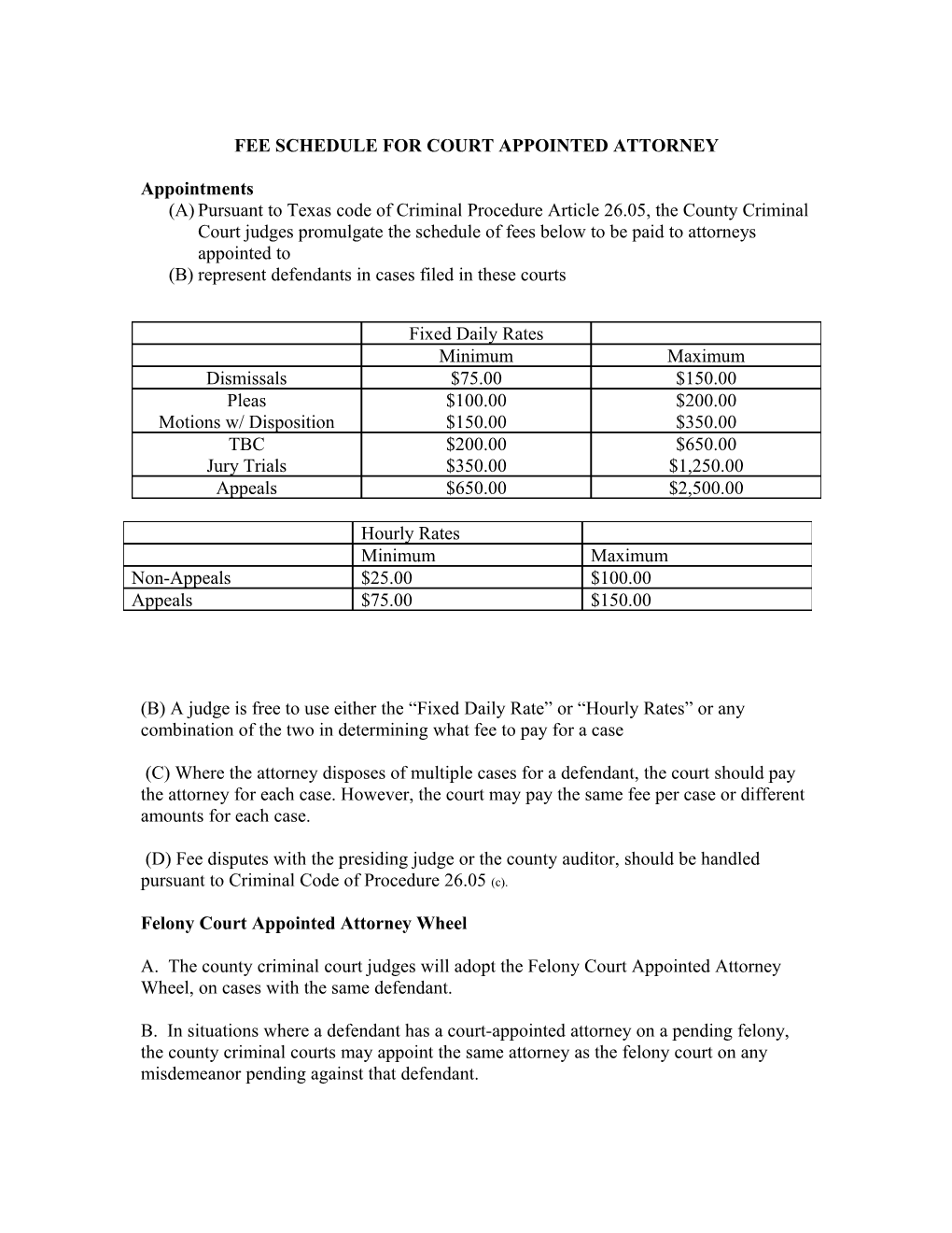 Fee Schedule for Court Appointed Attorney