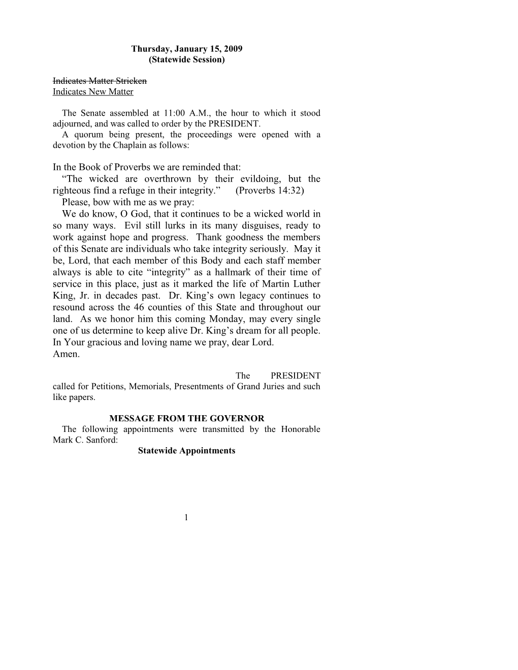 Senate Journal for Jan. 15, 2009 - South Carolina Legislature Online