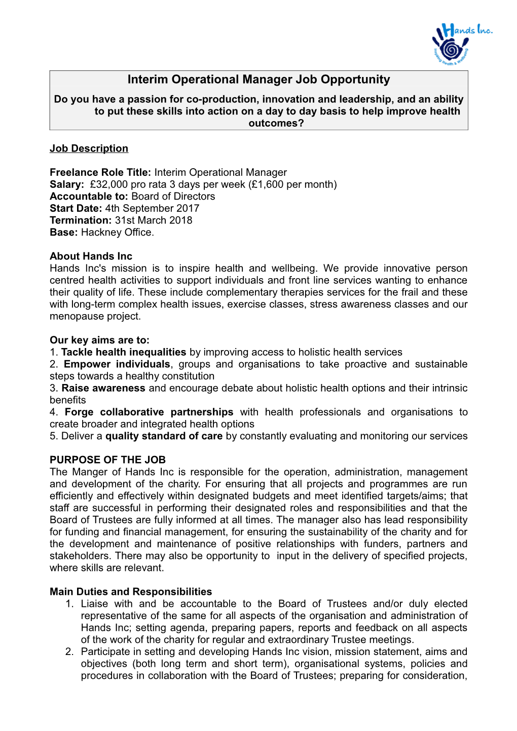 Interim Operational Manager Job Opportunity