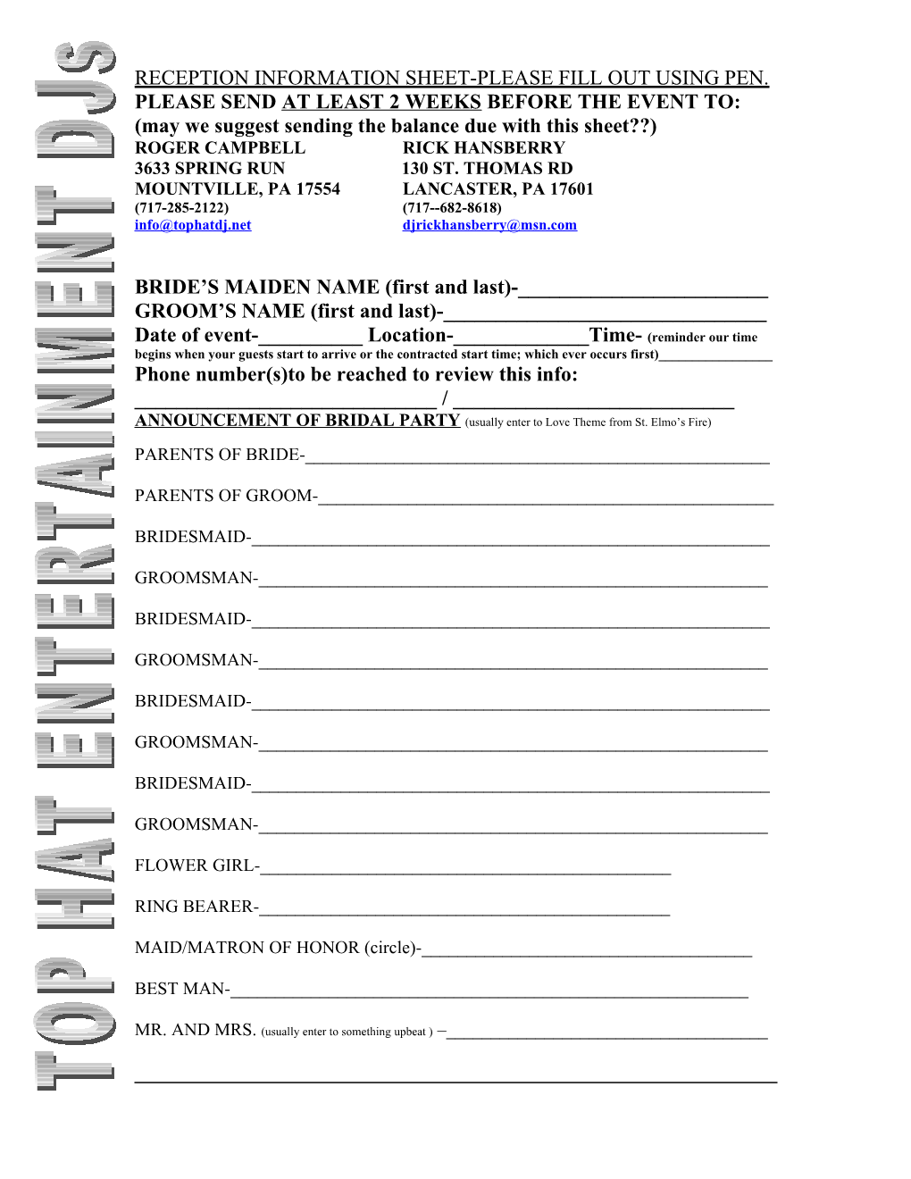 Reception Information Sheet-Please Fill out Using Pen