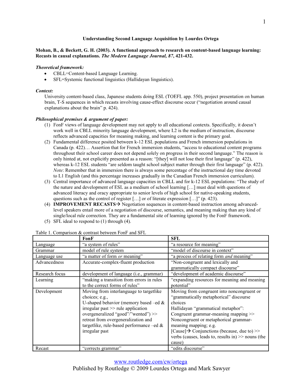 Understanding Second Language Acquisition by Lourdes Ortega