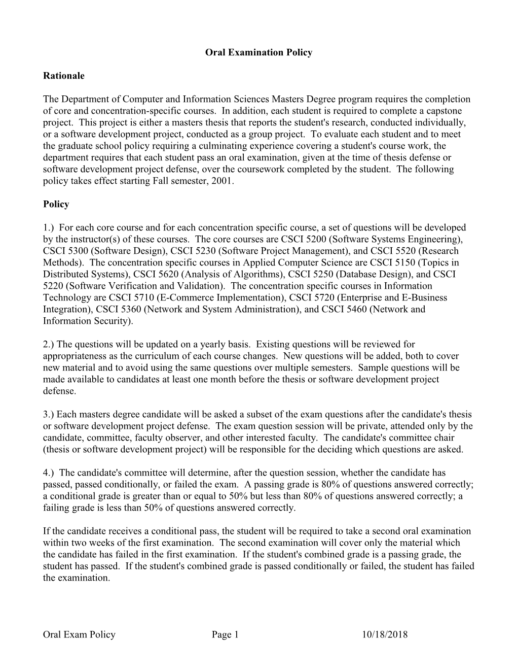 Proposal for Masters Defense Oral Examination Policy