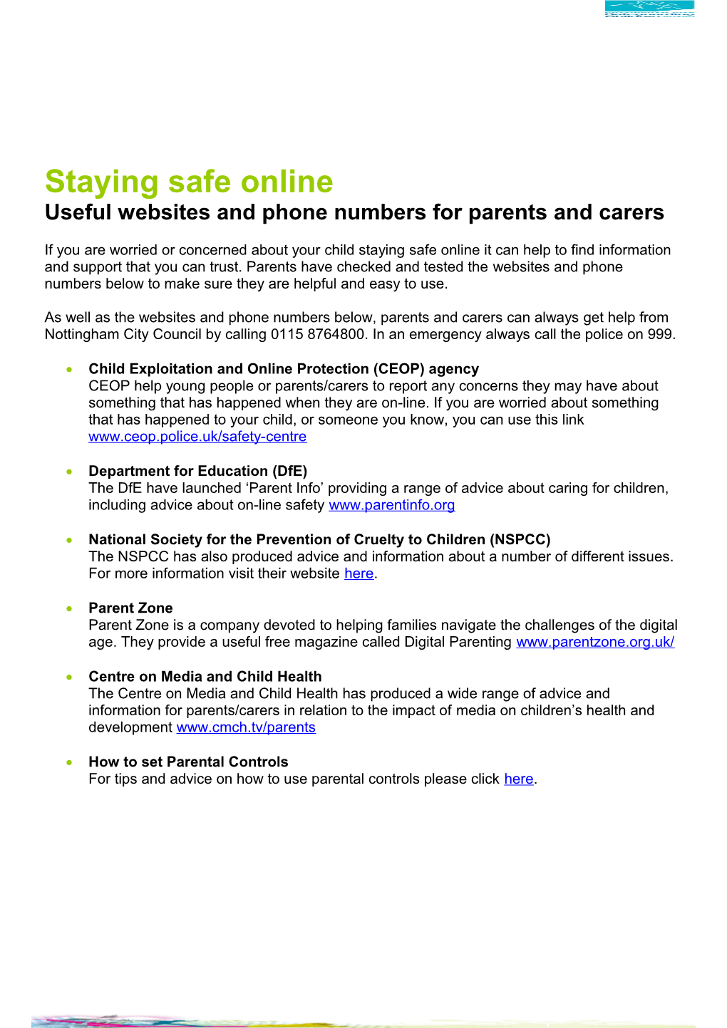 Useful Websites and Phone Numbers for Parents and Carers