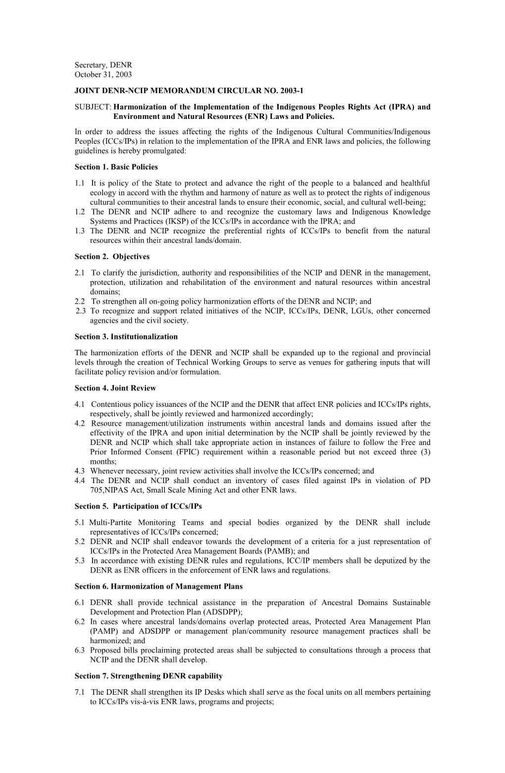 Joint Denr-Ncip Memorandum Circular No. 2003-1