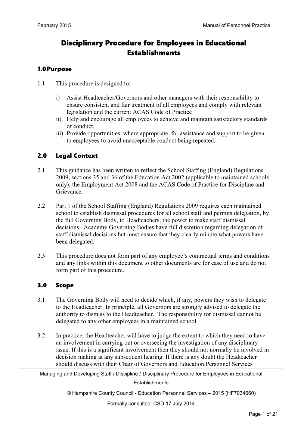 Disciplinary Procedure for Employees in Educational Establishments