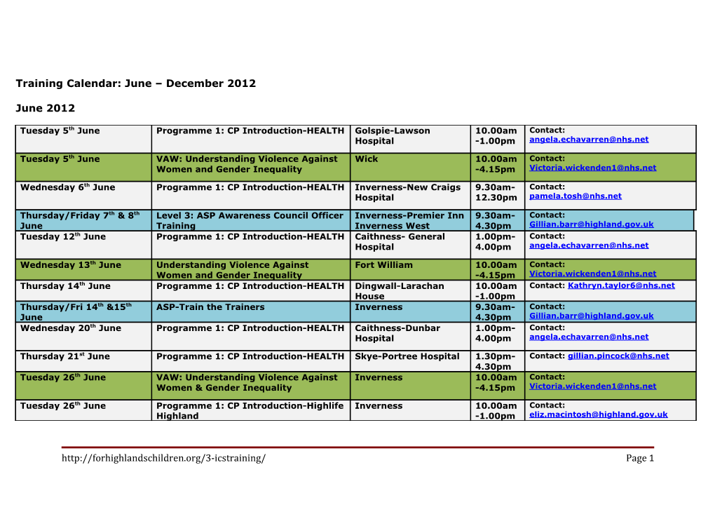 Highland Child Protection Committee Training Dates 2012