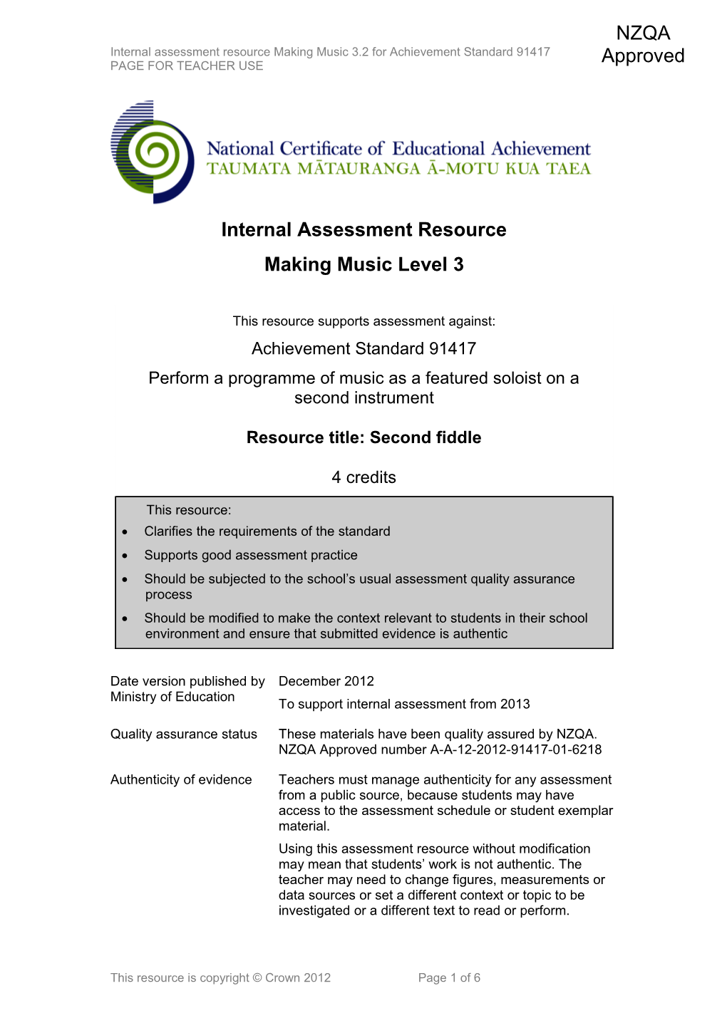Level 3 Making Music Internal Assessment Resource