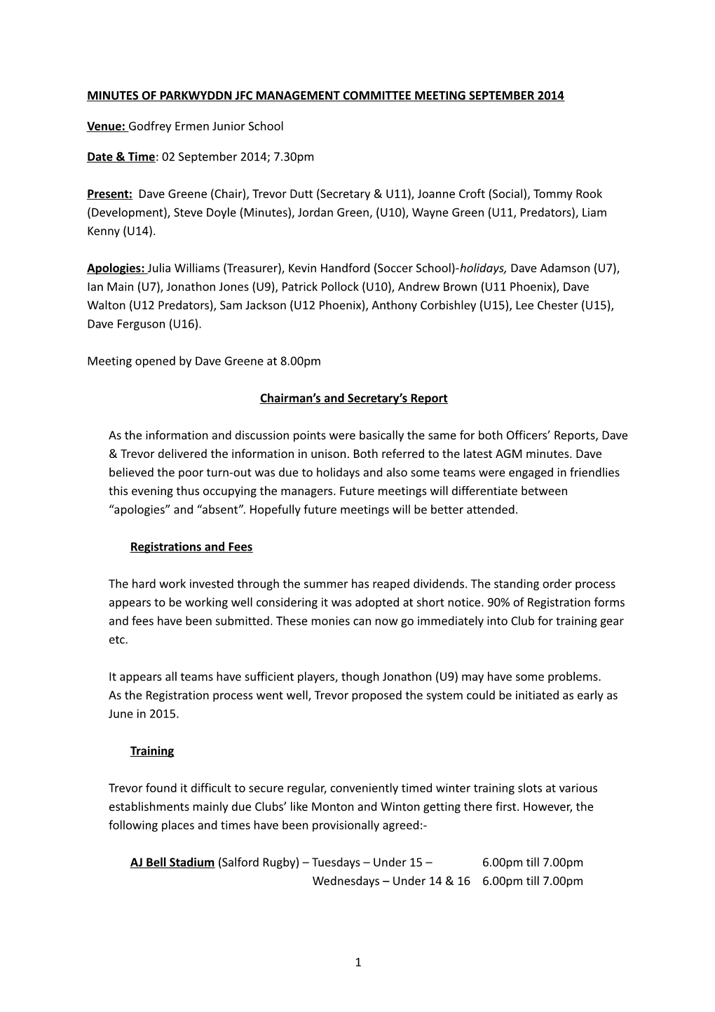 Minutes of Parkwyddn Jfc Management Committee Annual General Meeting 2014