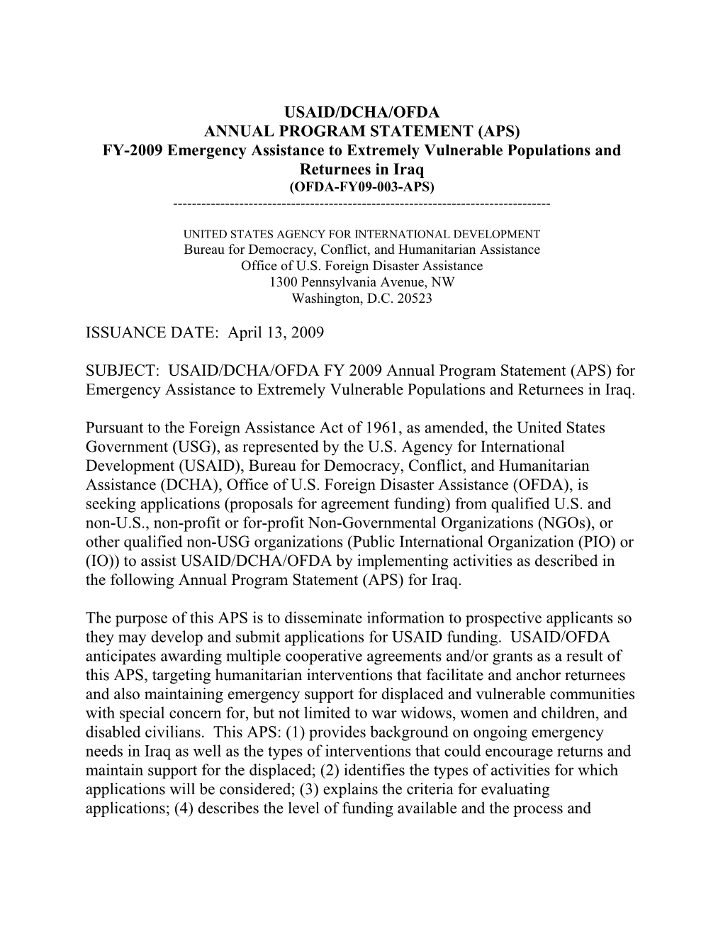 FY-2009 Emergency Assistance to Extremely Vulnerable Populations and Returnees in Iraq