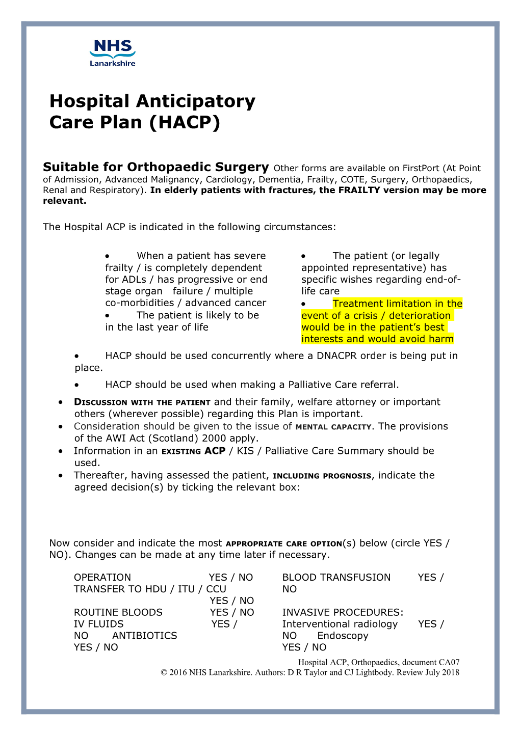 Care Plan (HACP)