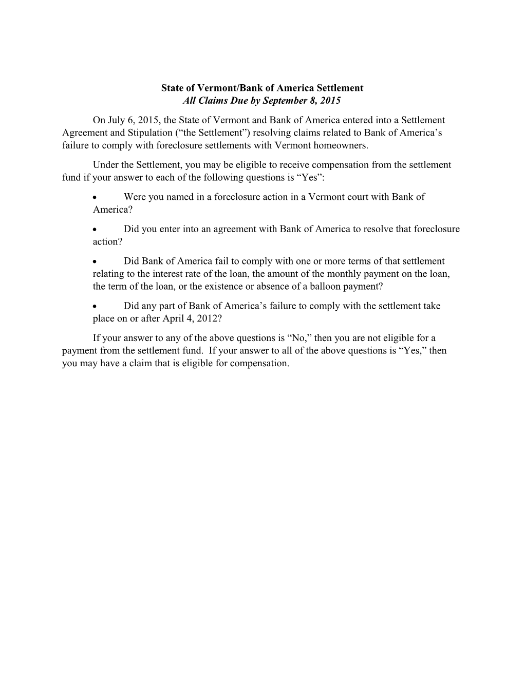 State of Vermont/Bank of America Settlement All Claims Due by September 8, 2015