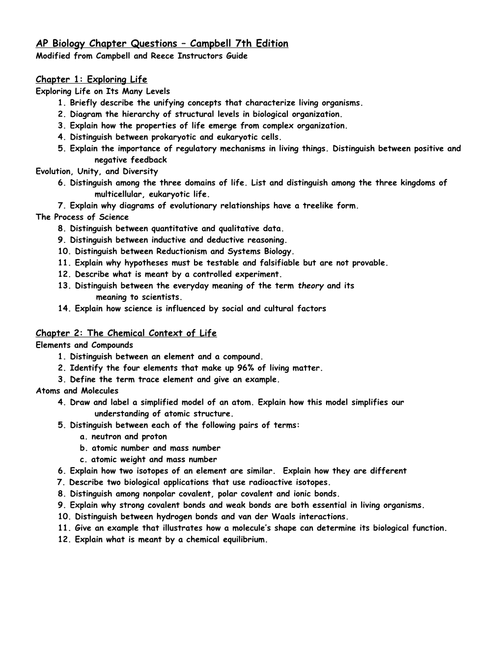 AP Biology Chapter Questions Campbell 7Th Edition