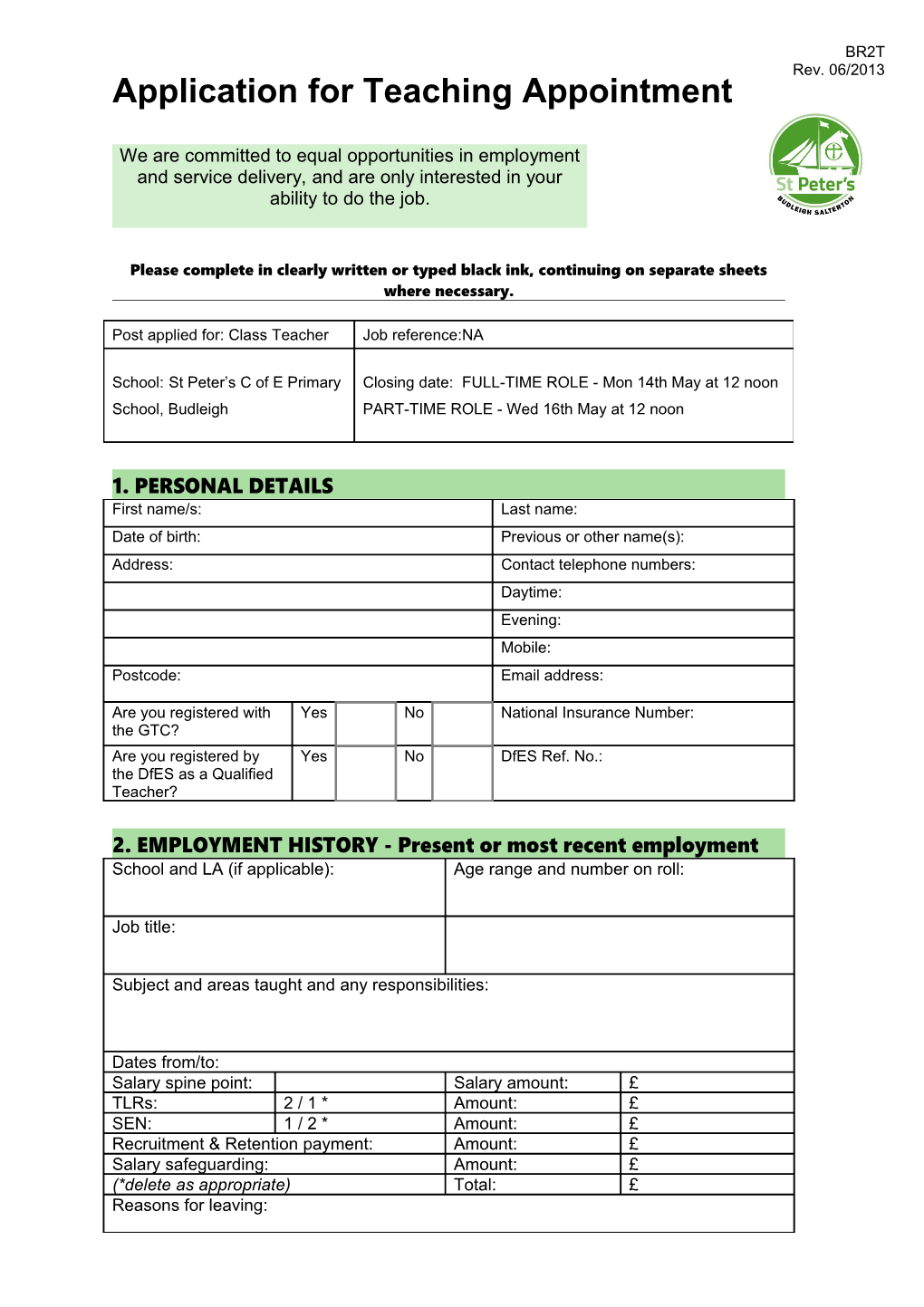 BR2T Application for Teaching Appointment