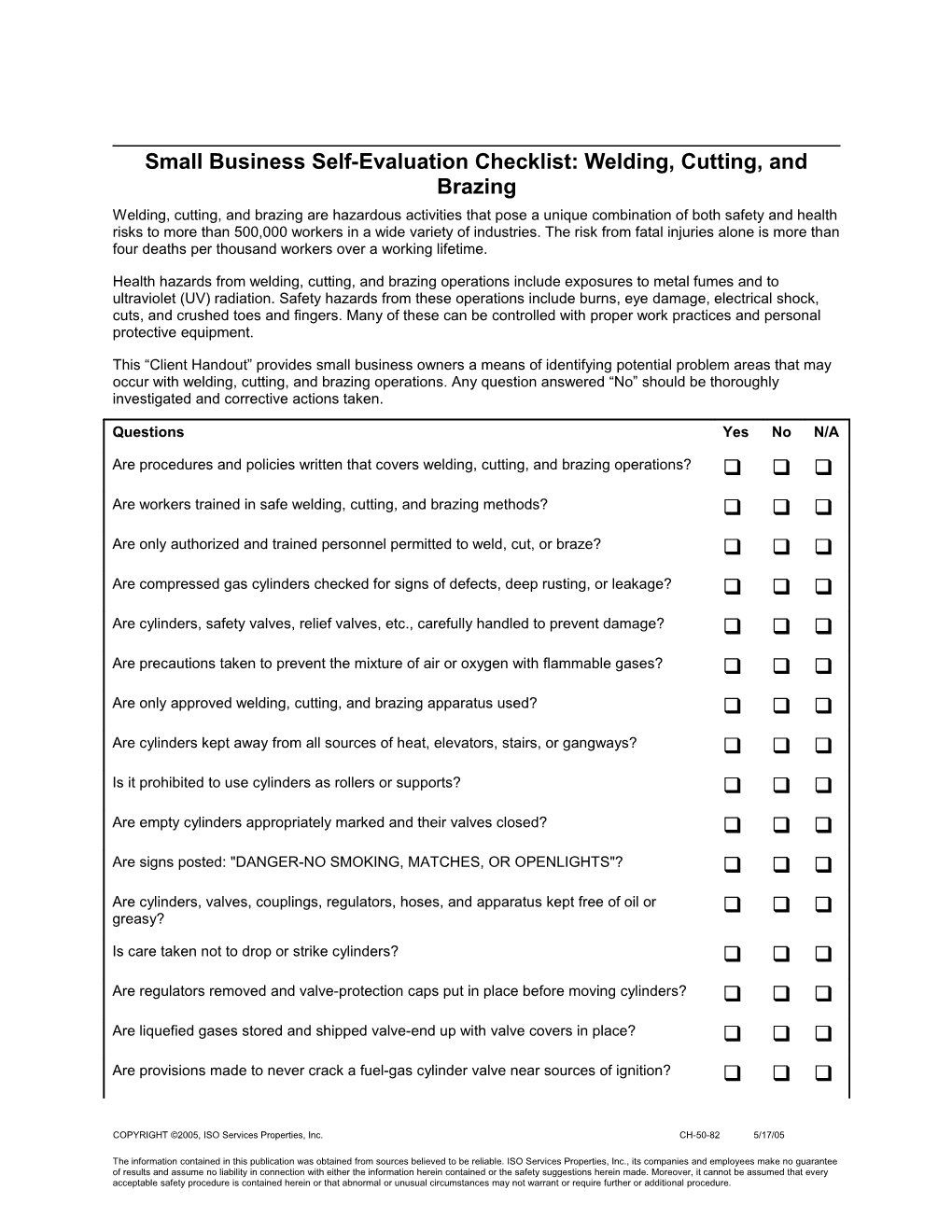 Small Business Self-Evaluation Checklist: Welding, Cutting, and Brazing
