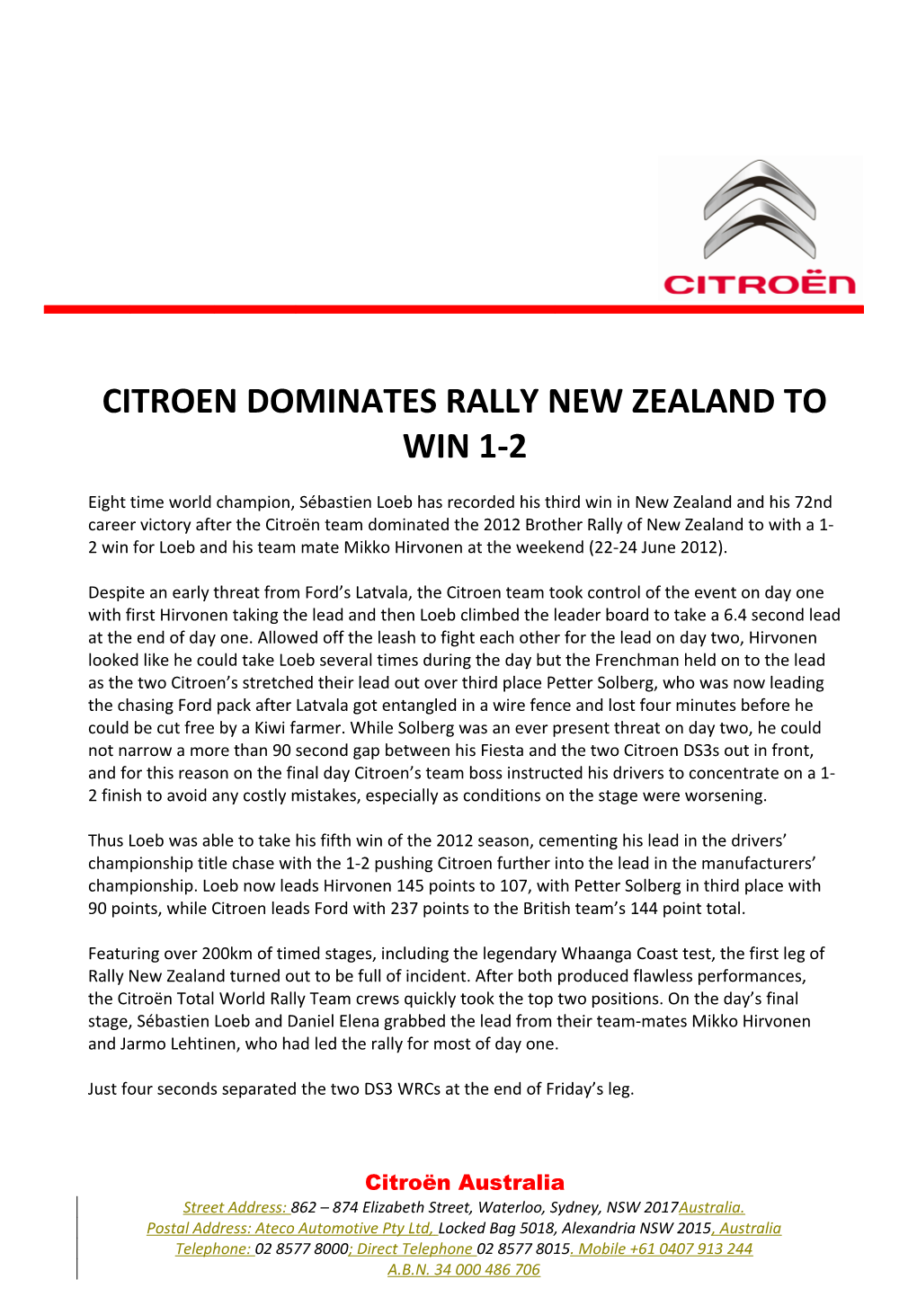 Citroen Dominates Rally New Zealand to Win 1-2