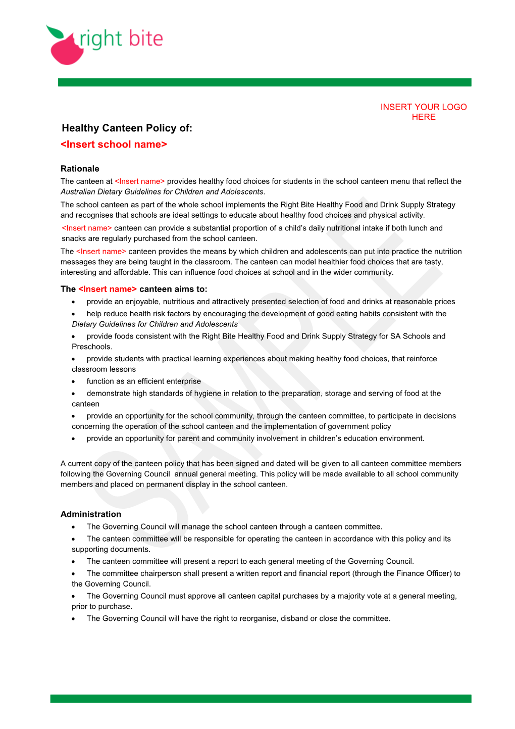 Healthy Canteen Policy Sample