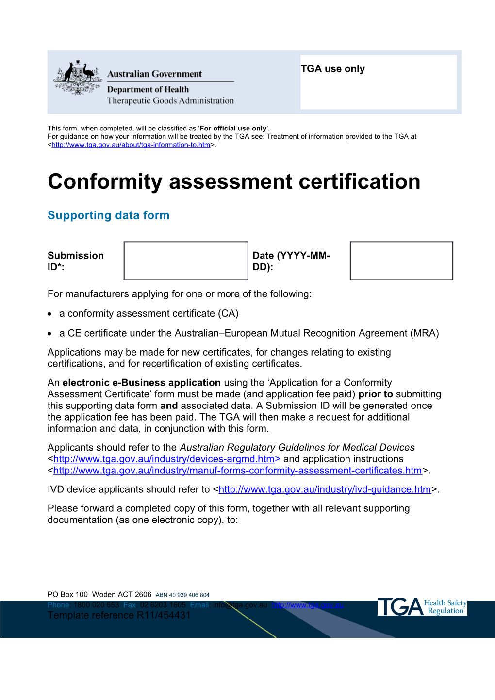 Conformity Assessment Certification: Supporting Data Form