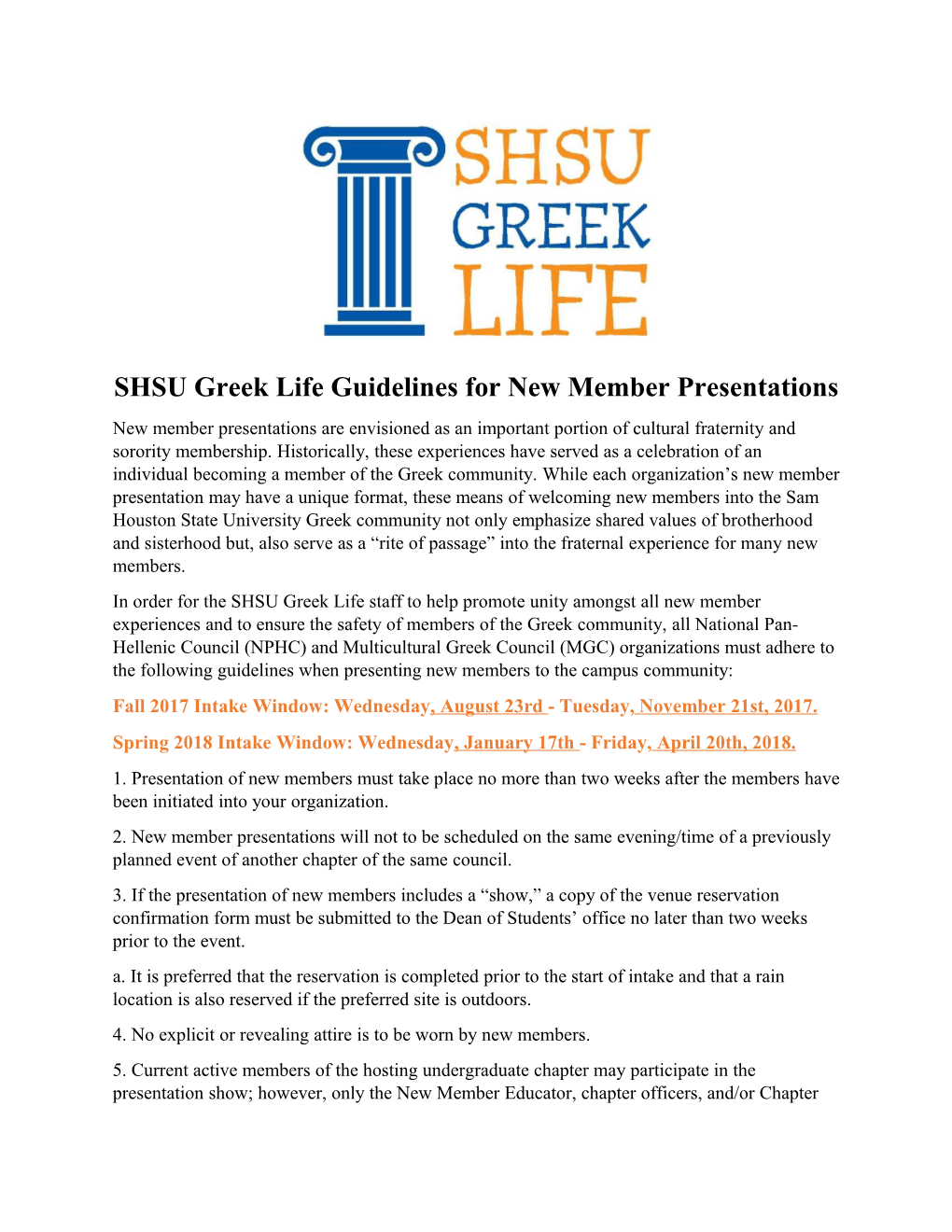 SHSU Greek Life Guidelines for New Member Presentations