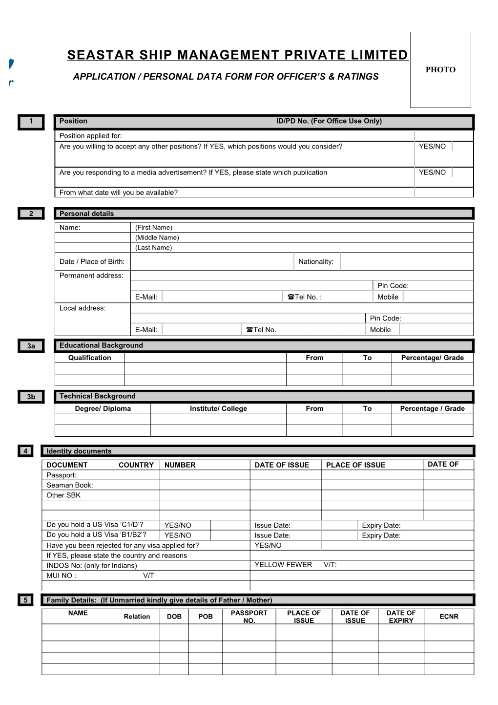 Application / Personal Data Form for Officer S& Ratings