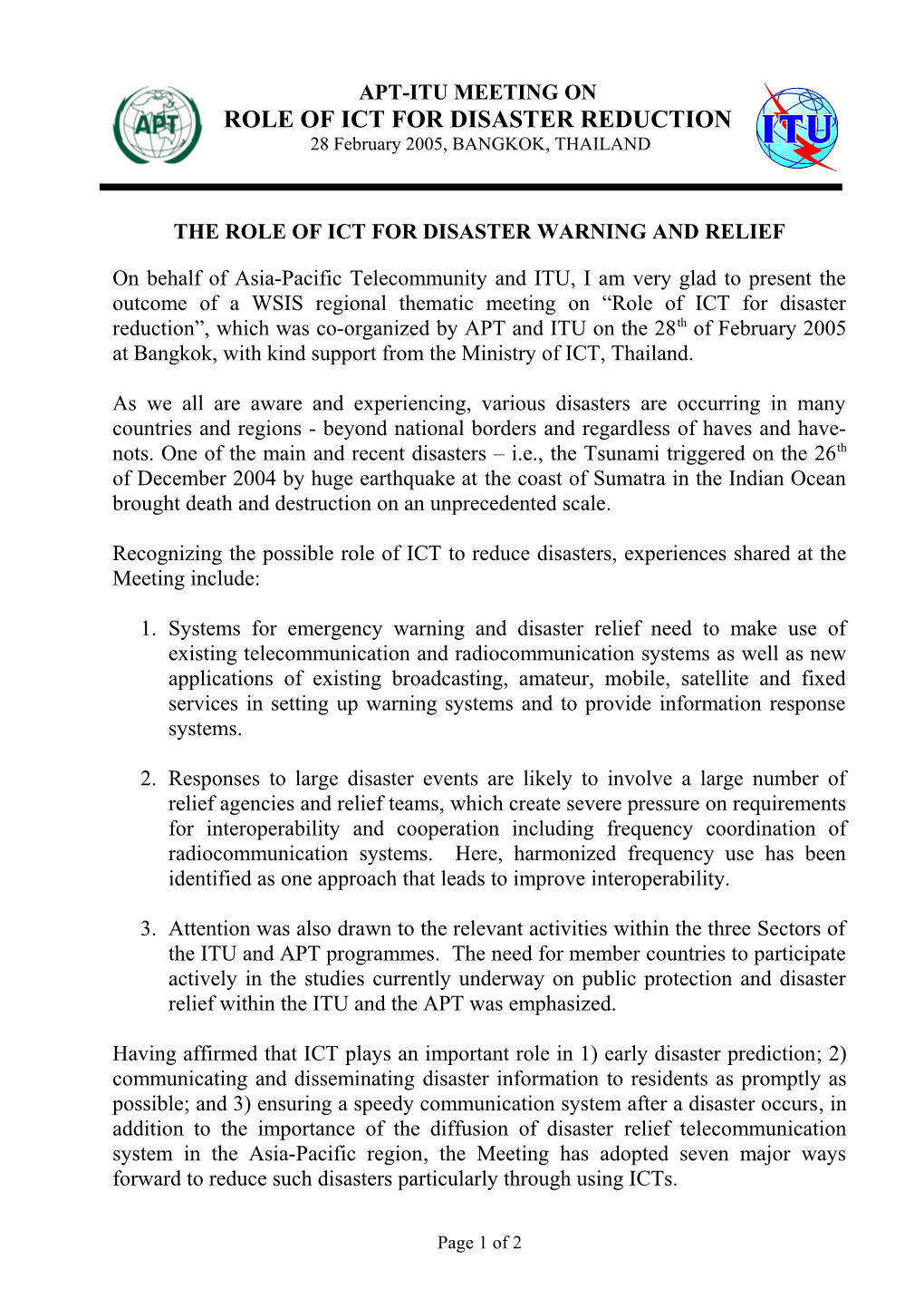 The Role of Ict for Disaster Warning and Relief