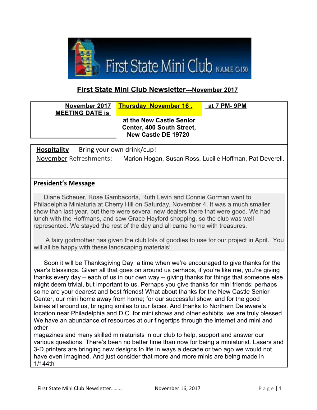 First State Mini Club Newsletter November 2017