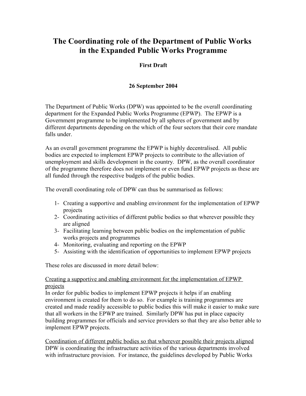 The Coordinating Role of the Department of Public Works in the Expanded Public Works Programme
