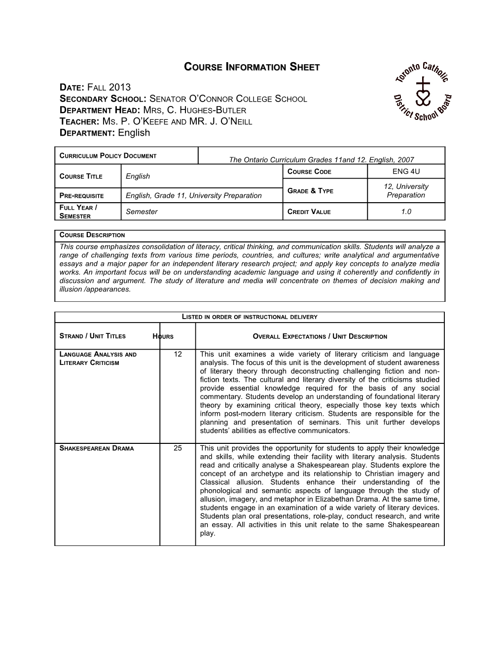 Eng 4U1 Course Information Sheet